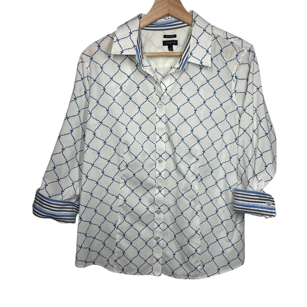 Talbots Wrinkle Resistant Button Up Shirt Sz 14 Blue White Trellis Contrast Cuff